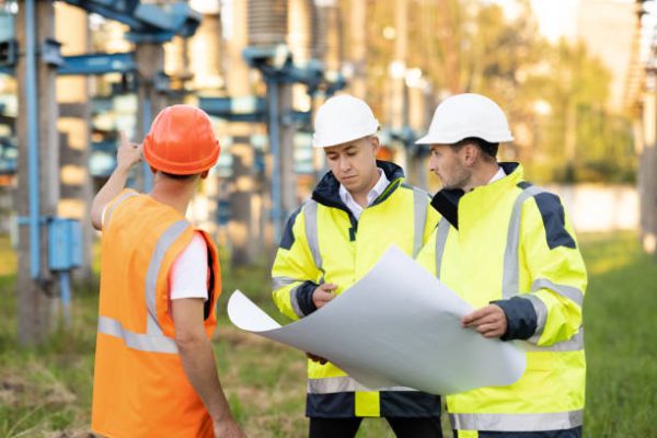 Diverse Team of Specialists on Construction Site. Real Estate Building Project with Engineer, Investor and Businessman Checking Area, working on Civil Engineering, Discussing